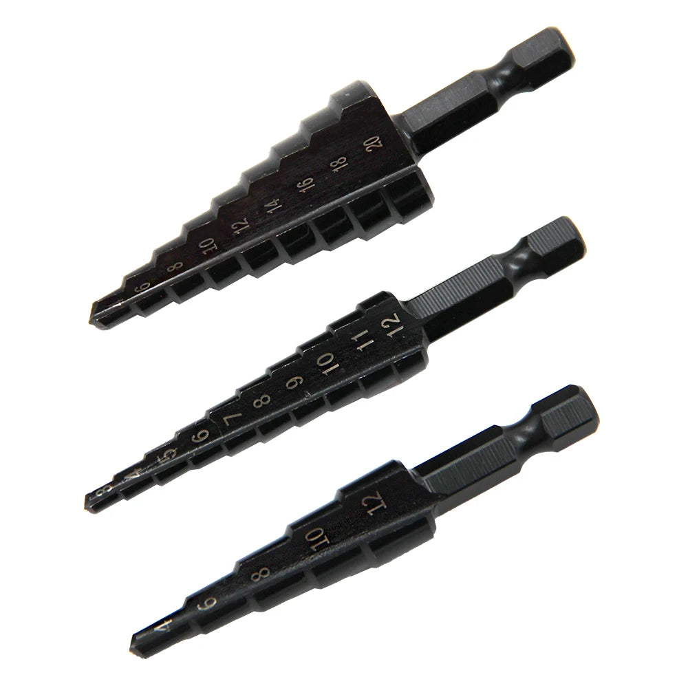 3pc Black Hexagonal Shank Straight Slot Ladder Drill Bit Reaming and Hole Opening Blackened Pagoda Drill Tool Set Beauty Fashion
