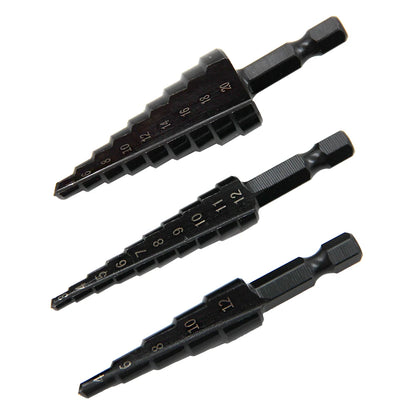 3pc Black Hexagonal Shank Straight Slot Ladder Drill Bit Reaming and Hole Opening Blackened Pagoda Drill Tool Set Beauty Fashion