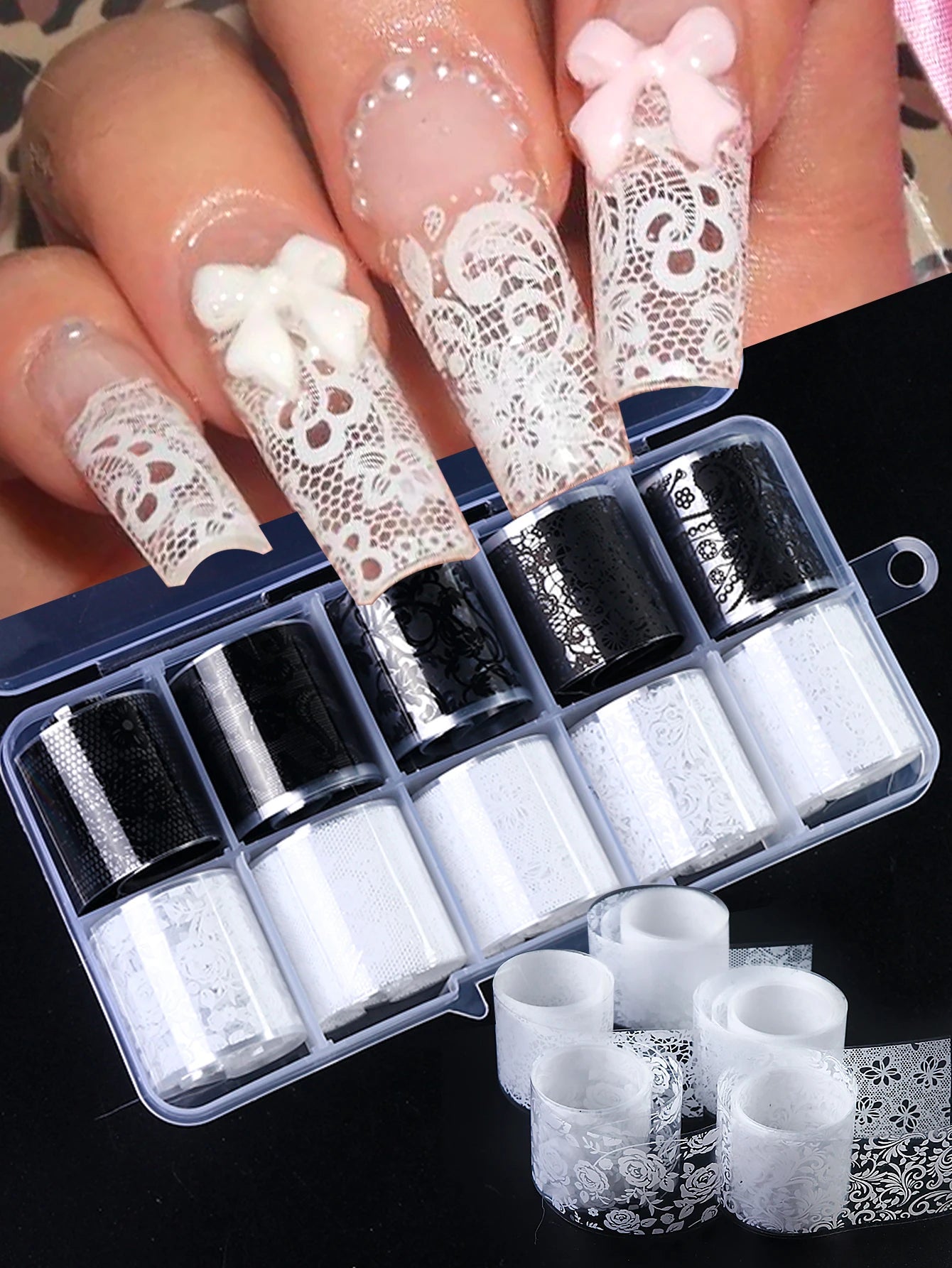 10 Sheets Lace Nail Foil White & Black Nail Stickers Design Transfer Foils Starry Sky Paper Nail Art Foil Decals for Nails Salon Beauty World Shop