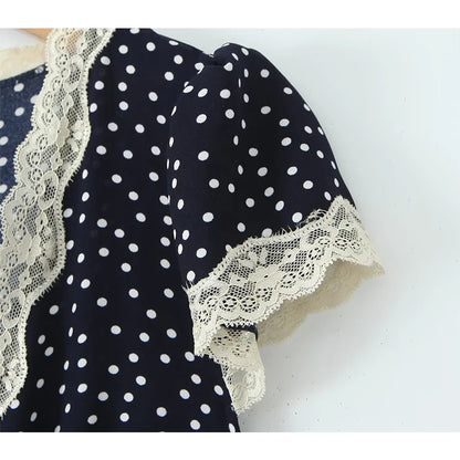 YENKYE 2025 Women Navy Blue Polka Dot Long Dress Lace Trim V Neck Short Sleeve A-line Elegant Holiday Dresses Summe Maxi Robe Beauty World Shop