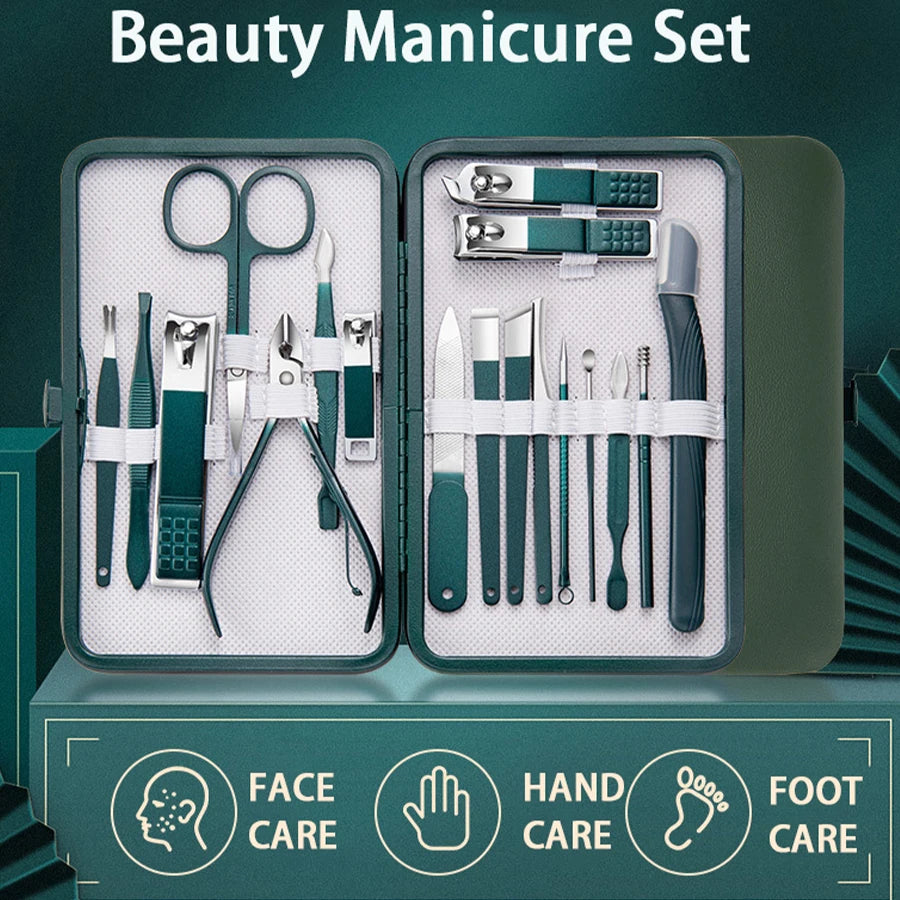 Green Manicure Set With Leather Case Professional Foot And Face Care Tool Kits Stainless Steel Nail Clipper Sets Gift Beauty Fashion