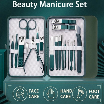 Green Manicure Set With Leather Case Professional Foot And Face Care Tool Kits Stainless Steel Nail Clipper Sets Gift Beauty Fashion