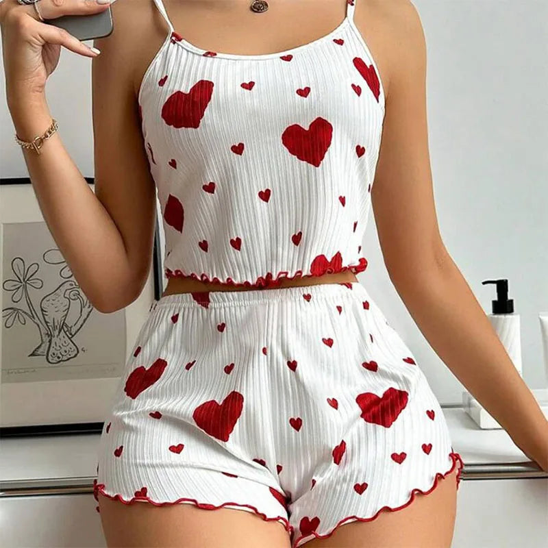Women's Pajamas Set Sleepwear 2 PCS Short Tank Tops And Shorts S M L White Ventilate Soft Casual Love Printing Beauty World Shop