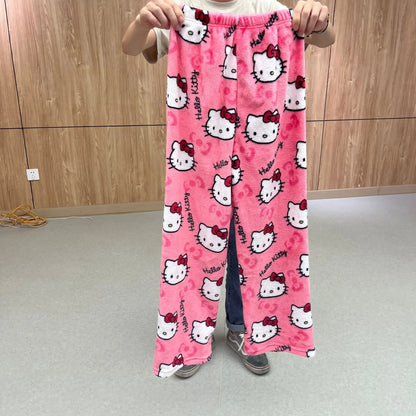 2024 Sanrio Hello Kitty Pajamas Halloween Flannel Fashion Trouserswomen Kawaii Woolen Anime Cartoon Casual Home Pants Autumn Beauty Fashion