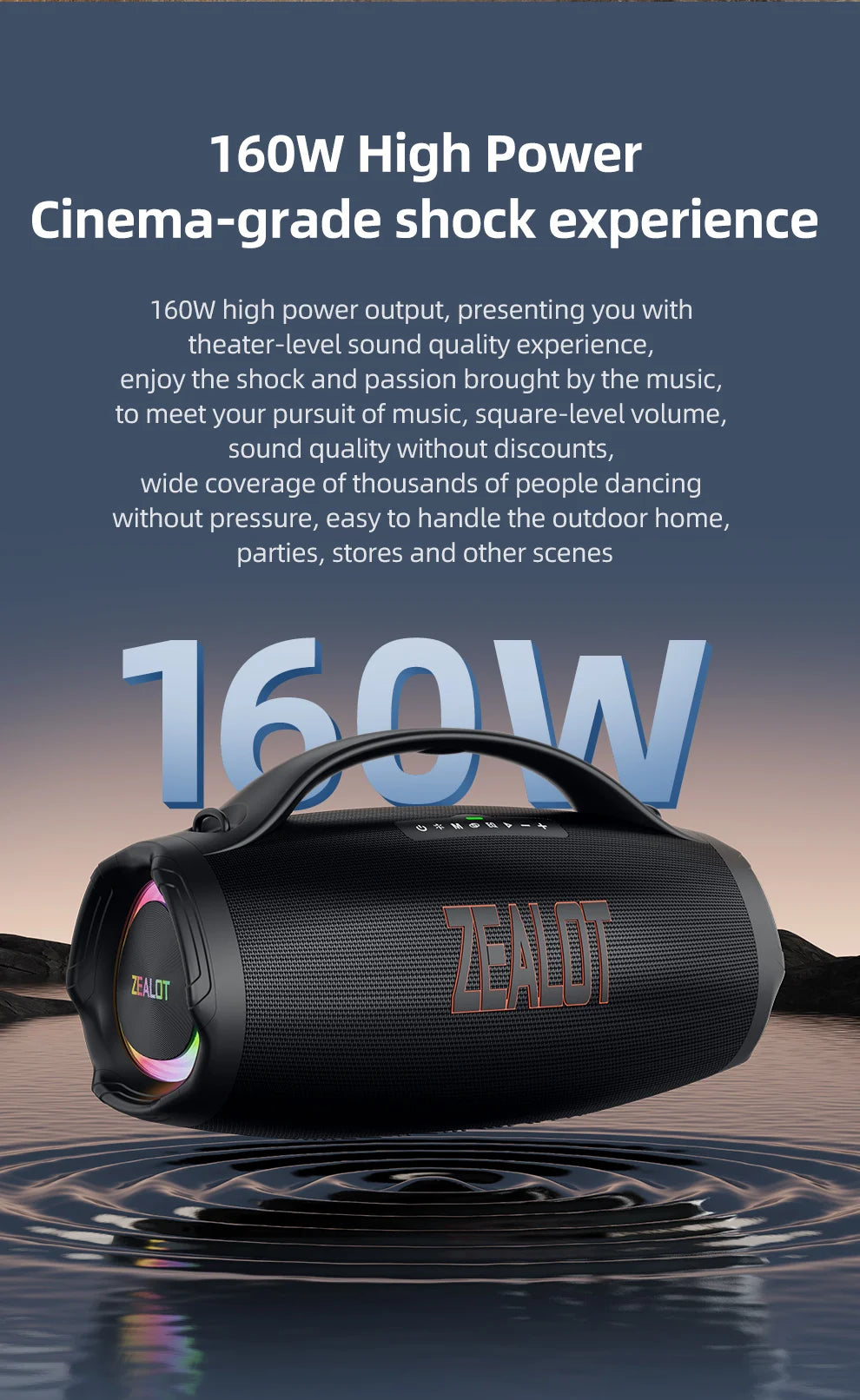 ZEALOT S98 160W Portable Bluetooth Speaker High Volume Waterproof 36000mAh Wireless TWS Subwoofer Suporrt USB/TF/AUX RGB light