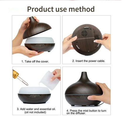 Air Humidifier Aromatherapy Essential Oil Diffuser Wood Grain 500ml Ultrasonic Remote Control 7 Color Lights For Home Bedroom ﻿ Beauty World Shop