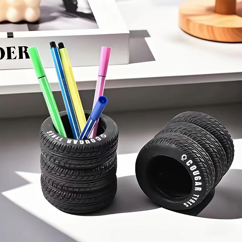 1pcs Fun Tire-Shaped Pen Holder -PVC Desk Organizer, Ideal for School and Office Supplies, Painted Finish, Office Supplies Beauty World Shop