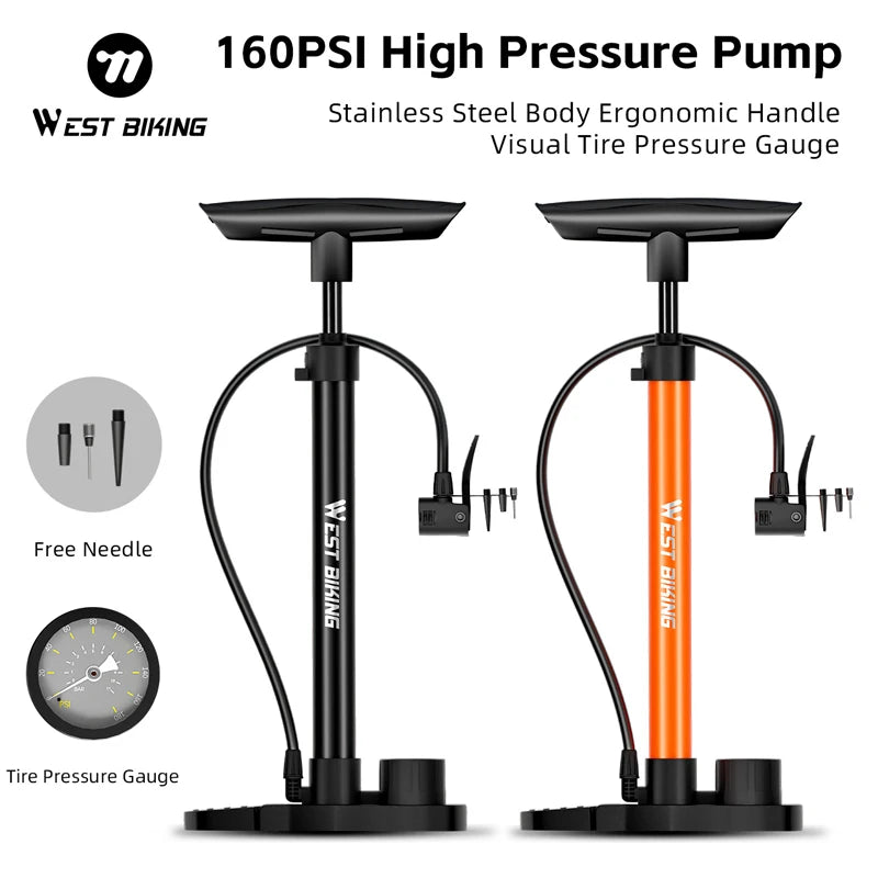 WEST BIKING 160PSI Bike Pump With Gauge Portable Stainless Steel Bike Pump Schrader Presta Valve Inflator Bike Accessories Beauty World Shop