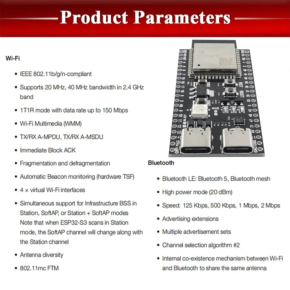 ESP32-S3 Wifi BT Module Development Board for Arduino IDE ESP32-S3-WROOM1 N16R8 N8R2 44Pin Type-C 16MB Flash 8M PSRAM ESP32 S3 Beauty World Shop