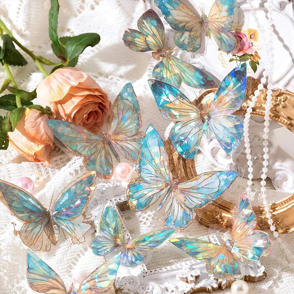 5Style 20pcs/pack INS Butterfly PET Sticker Pack Ice Crystal Laser Gold DIY Handbook Decoration 3D Scrapbook Beauty World Shop