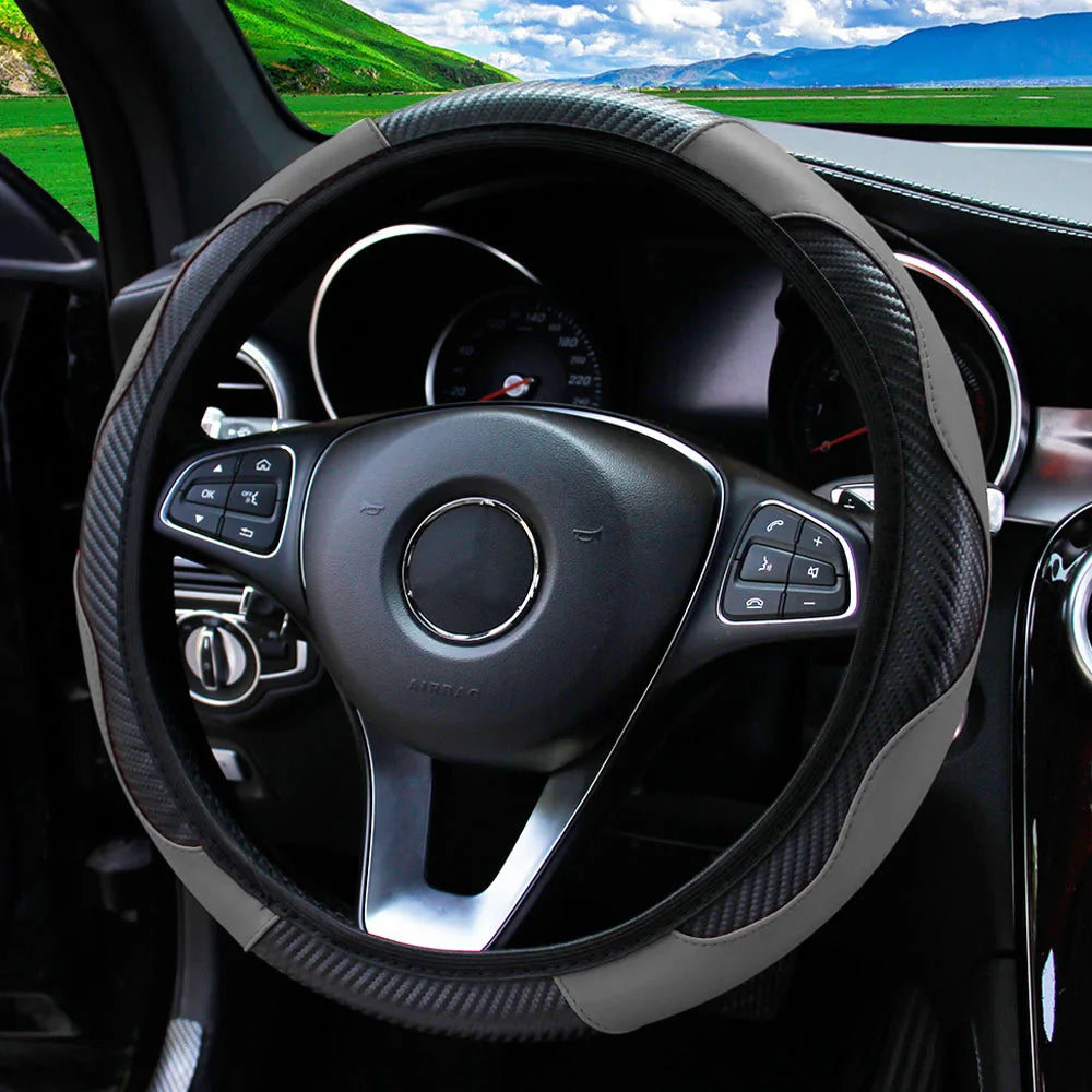 PU Carbon Fiber Leather Car Steering Wheel Cover without Inner Ring Suitable for 14.5-15 Inches of Automotive Supplies Beauty World Shop