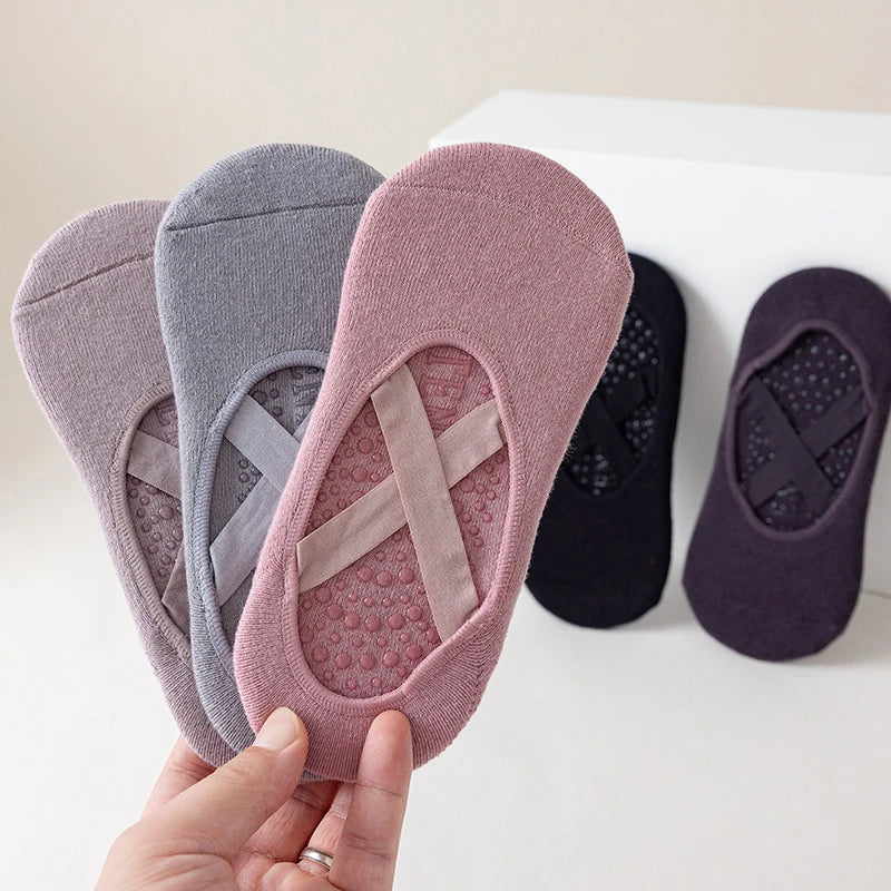 Women Breathable Towel Bottom Yoga Socks Silicone Non-Slip Bandage Pilates Sock Ladies Ballet Dance Fitness Workout Cotton Socks Beauty World Shop