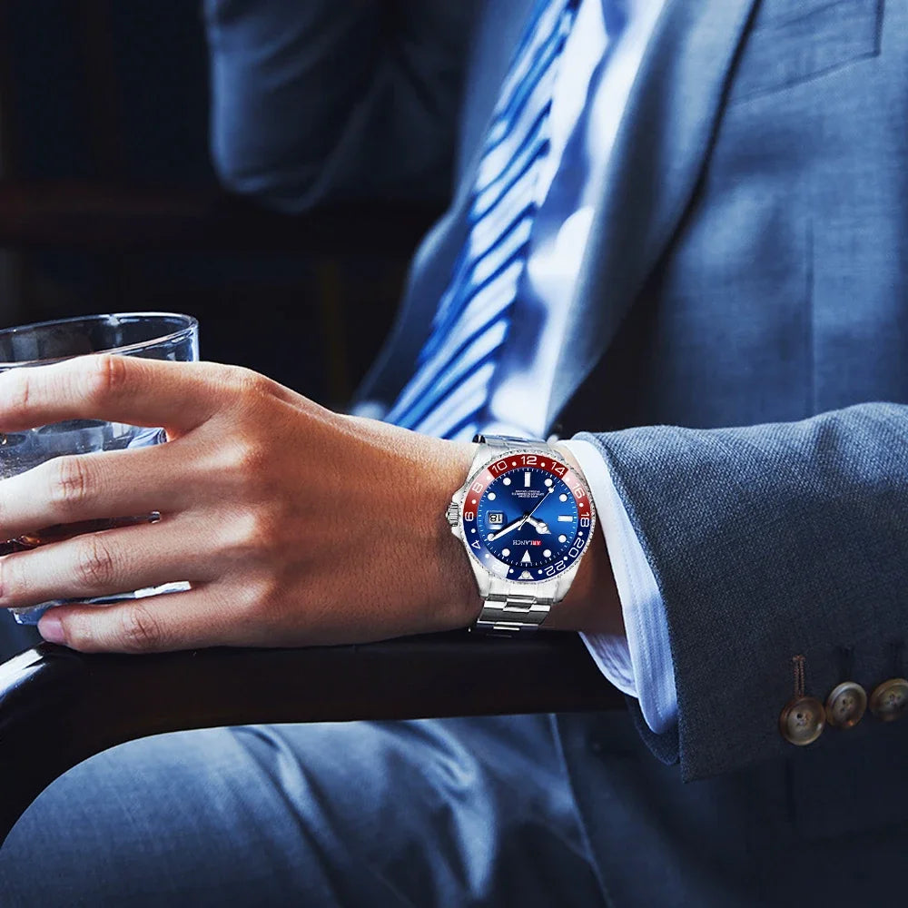 Business Stainless Steel Watch 40mm Classic Red Blue Circle Diving Series Magnifying Glass Calendar Quartz Watches montre homme Beauty World Shop
