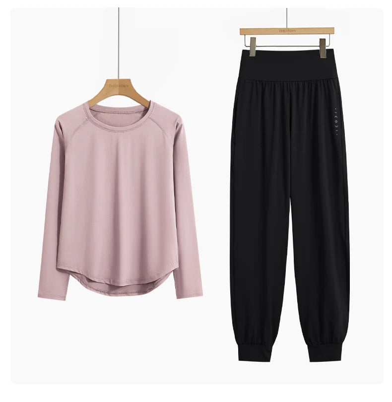 DRUR 2pcs Yoga Set Women Sports Pants Sets 2 Piece Sportswear Outfit Female Long Sleeve Fitness Top High Waist Sweatpants Suits Beauty World Shop