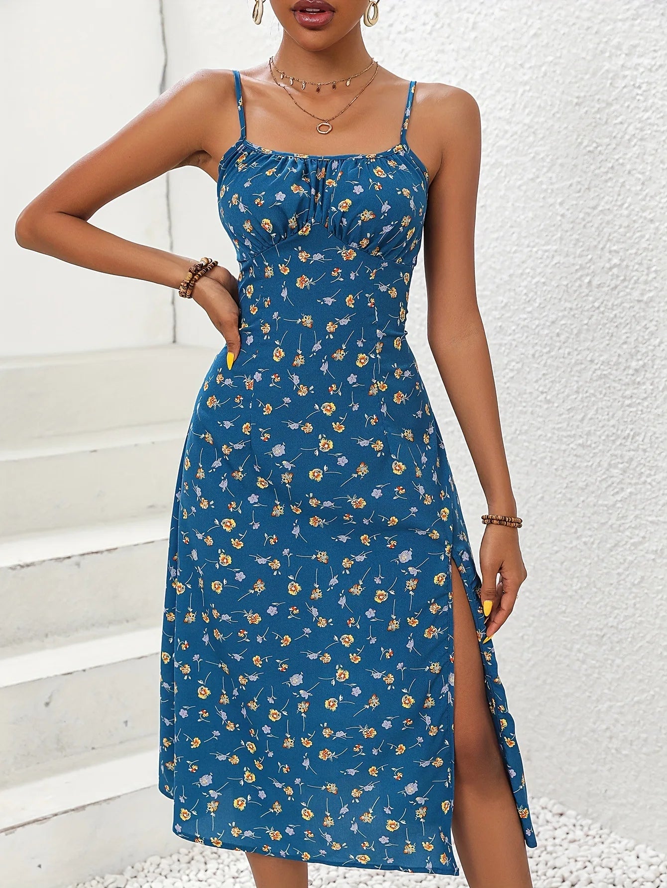 New Summer Sexy Spaghetti Straps Dress Women Fashion Polka Dot Print Sleeveless Slit Dress Boho Casual Beach Midi Dresses Beauty World Shop