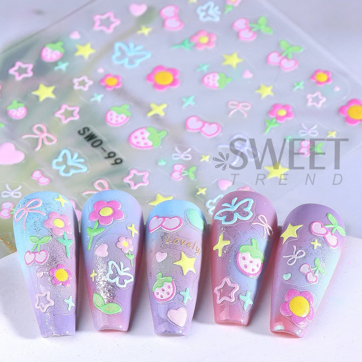 2pcs Sweet Element Nail Art Stickers Simple Flower Heart Cherry Strawberry Kawaii Decals Colorful Bow Butterfly Manicure Sliders Beauty World Shop