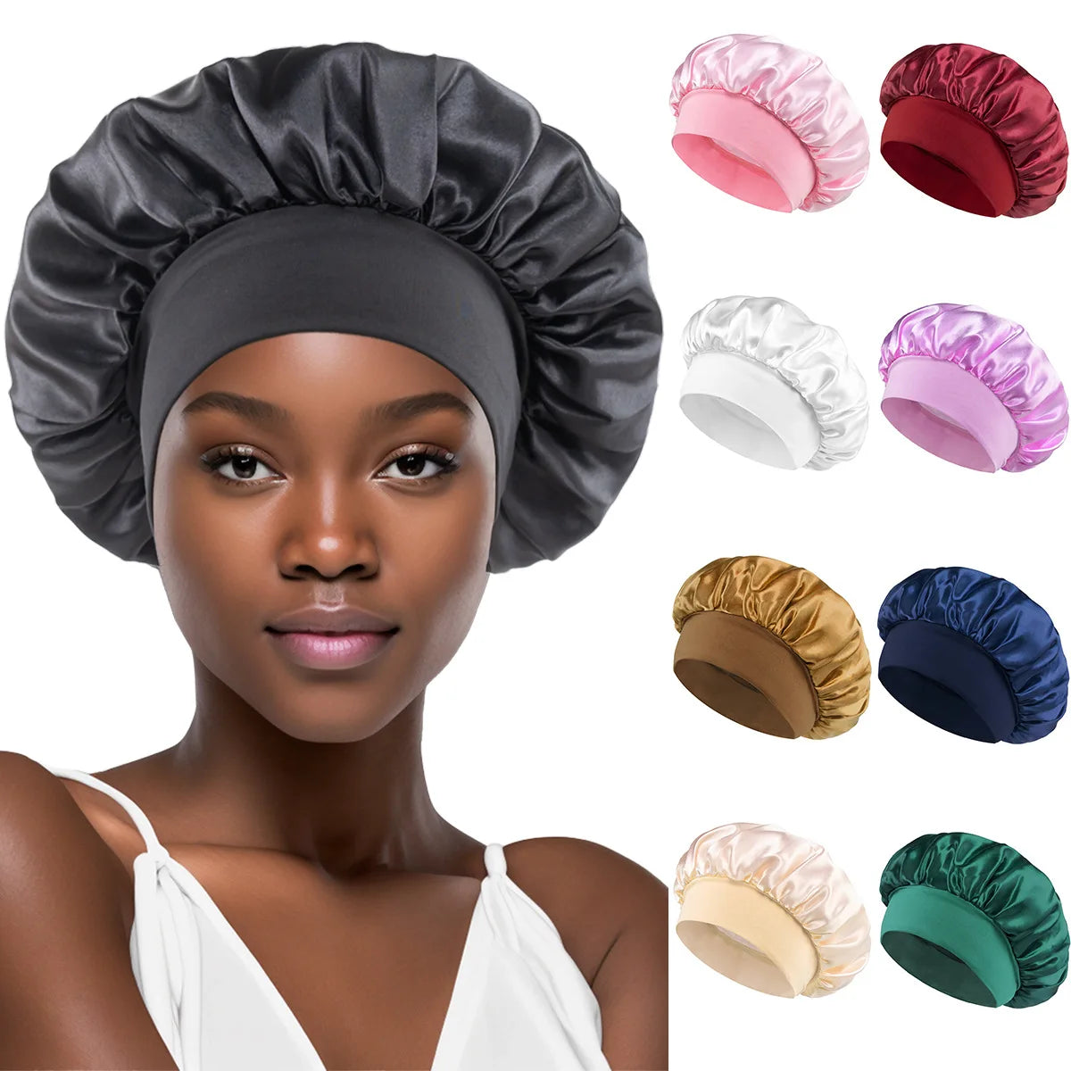 1PC Women's Satin Solid Bonnets Wide-brimmed Night Sleeping Bathing Hat Unisex Head Wrap Elastic Band Cap Hair Care Bonnet. Beauty World Shop