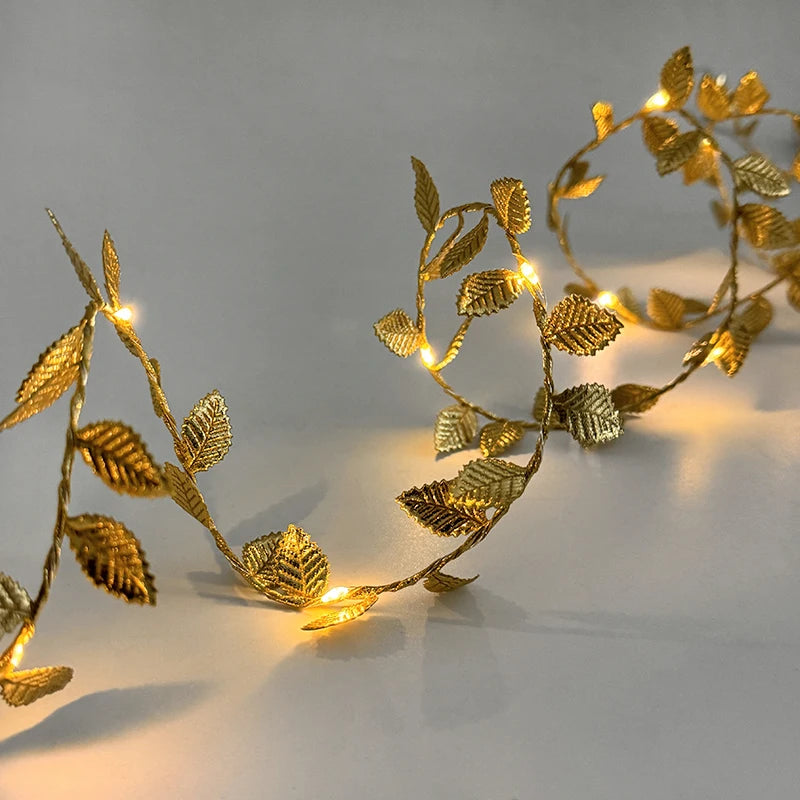 2M 20LED Golden Leaves String Fairy Lights For Wedding Birthday Party Decoration Home Garden Artificial Plant Garland Vine Light Beauty World Shop