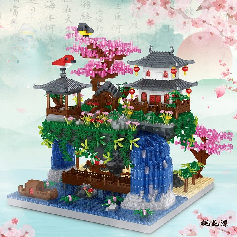 MOC Peach Blossom Pool Cherry Tree House Building Block Chinese Architecture DIY Bricks Cherry Blossom Toy for Kids Adult Gift Beauty World Shop