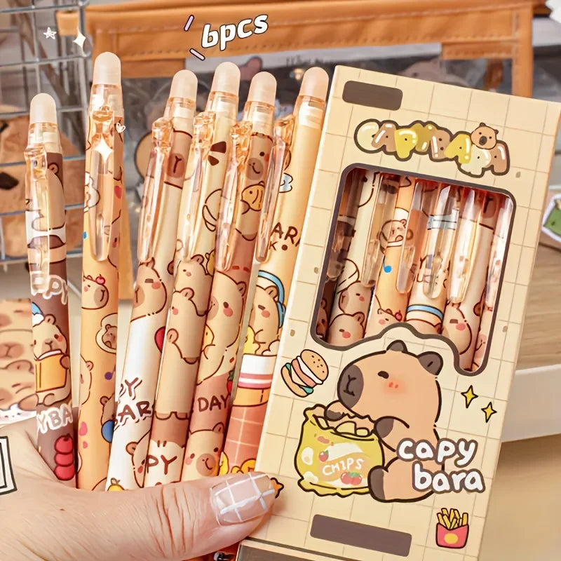 6pcs Cute Capybara Erasable Gel Pens | 0.5mm Retractable Blue Ink for School & Office | Smooth Writing & Quick-Drying (6 Colors) Beauty World Shop