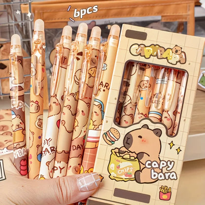 6pcs Cute Capybara Erasable Gel Pens | 0.5mm Retractable Blue Ink for School & Office | Smooth Writing & Quick-Drying (6 Colors) Beauty World Shop