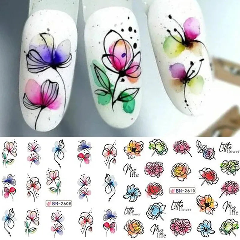 12 Pcs Summer Ink Blooming Flowers Nail Art Stickers, Water Decal Leaves Graffiti Slider Nail Decoration Beauty World Shop