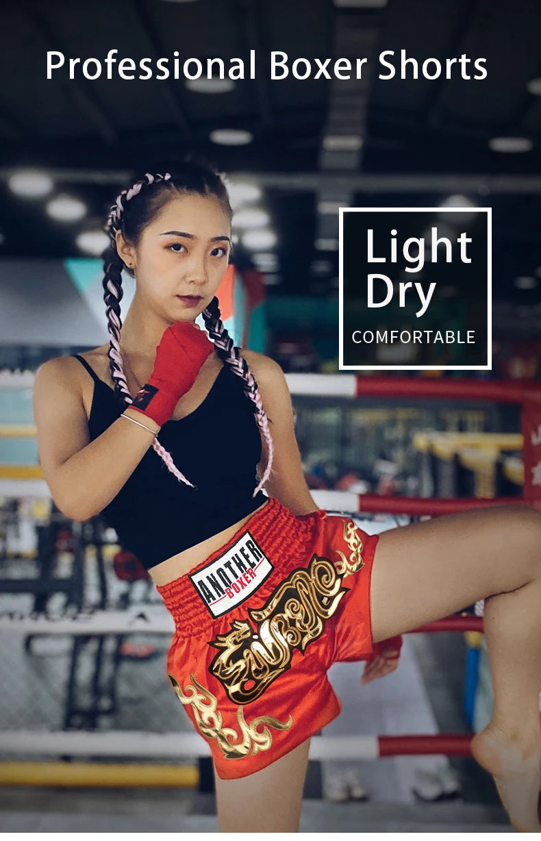 ANOTHERBOXER Muay Thai Shorts, Embroidered MMA Fighting Clothing for Men, Women, Kids, Cheap Boxing Training Short Pants