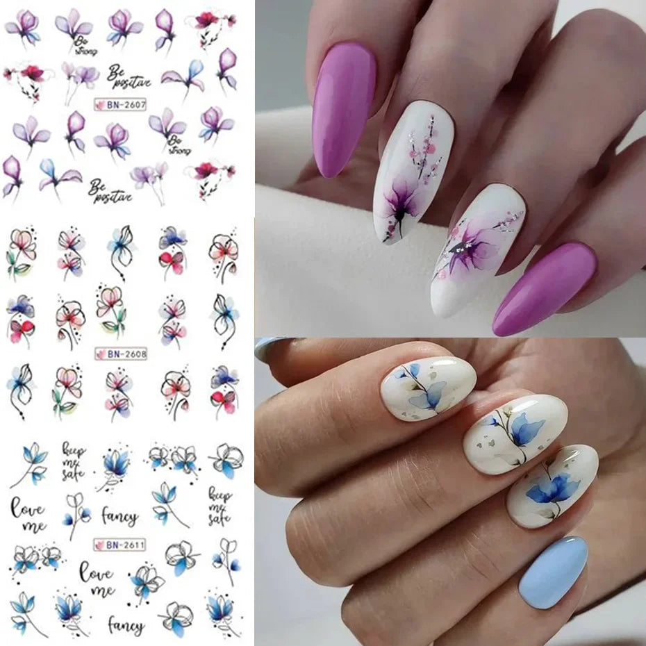 12 Pcs Summer Ink Blooming Flowers Nail Art Stickers, Water Decal Leaves Graffiti Slider Nail Decoration Beauty World Shop