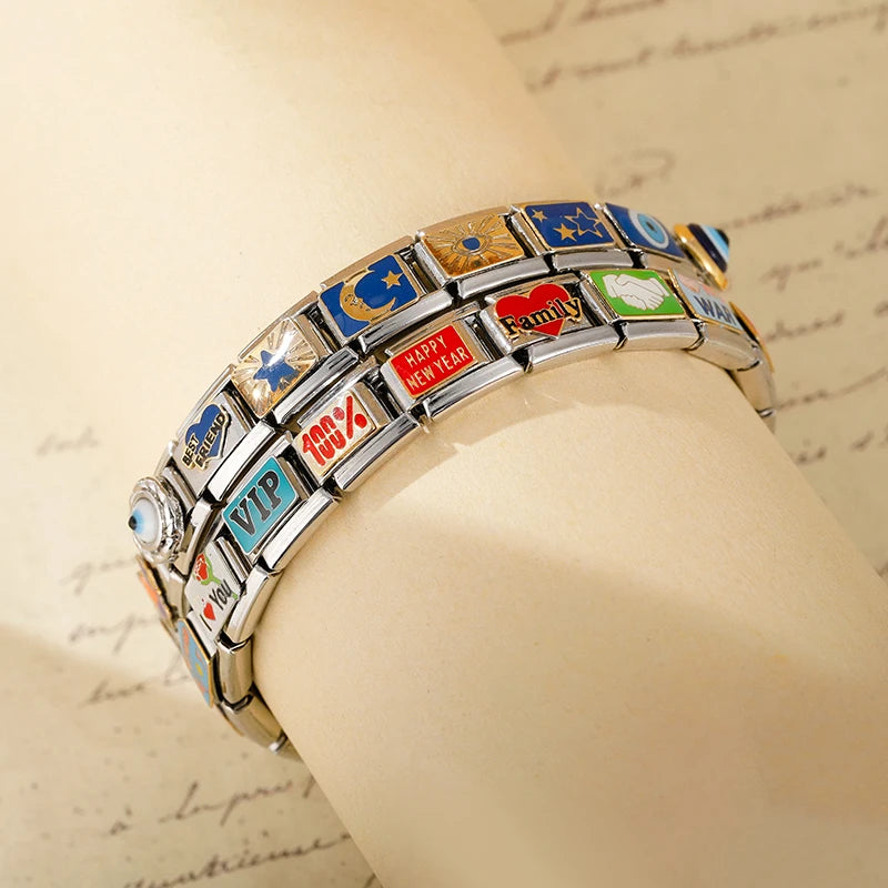 Hapiship 2024 Women Color Glaze Sexy Family Sweet Kiss Me Charm Links Fit 9mm Bracelet Stainless Steel Making Jewelry DJ717-C Beauty World Shop