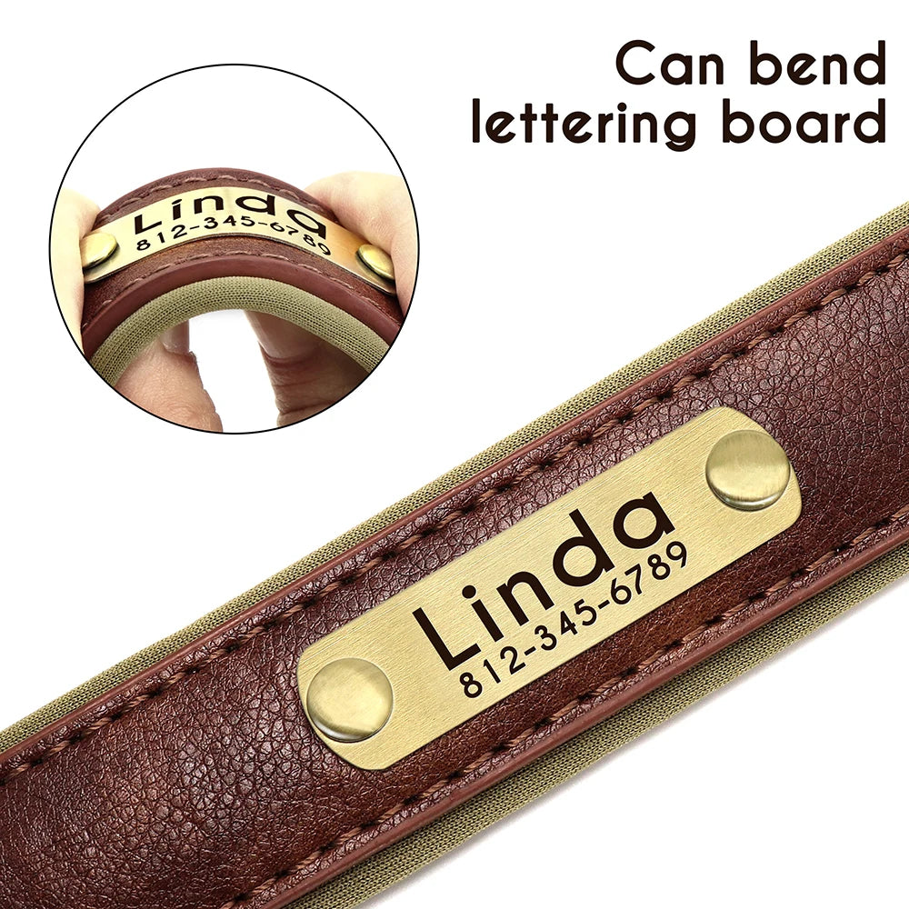 Customized PU Leather Nameplate Dog Collar Soft Padded Dogs Collars Free Engraving Name for Small Medium Large Dogs Adjustable Beauty World Shop