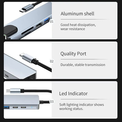 Usb 8 In 1 Type C 3 1 To 4k HdTV Hub Adapter With Sd Tf Rj45 Card Reader Pd Fast Charge For Macbook Notebook Computer Beauty World Shop