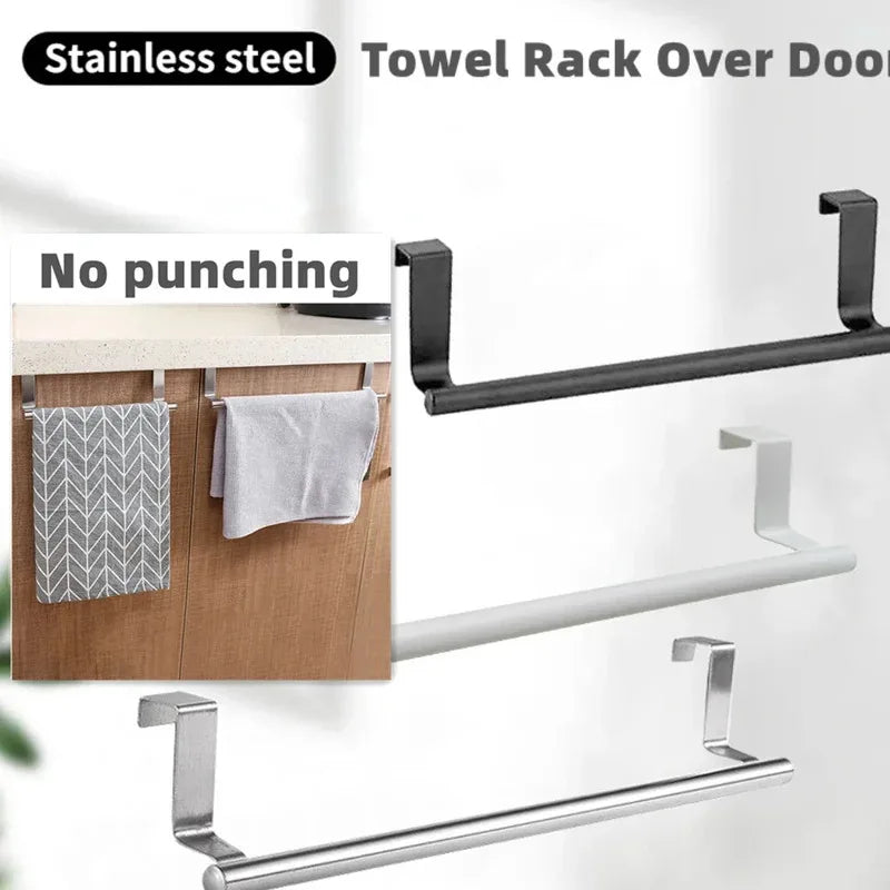 1Pcs Towel Rack Over Door Towel Bar Hanging Holder Stainless Steel Bathroom Kitchen Cabinet White Black Towel Rag Shelf Hanger Beauty World Shop