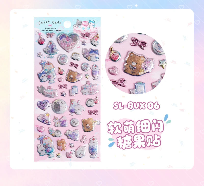 3 pcs/6 pcs Sweet Candy Pets Cat Coffee Cakes Flash Puffy 3D Stickers Scrapbooking Diy Diary Stationery Stickers School Supplies Beauty World Shop