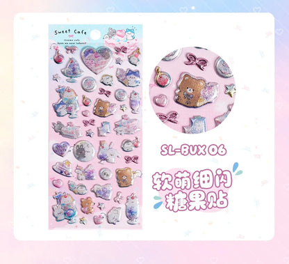 3 pcs/6 pcs Sweet Candy Pets Cat Coffee Cakes Flash Puffy 3D Stickers Scrapbooking Diy Diary Stationery Stickers School Supplies Beauty World Shop