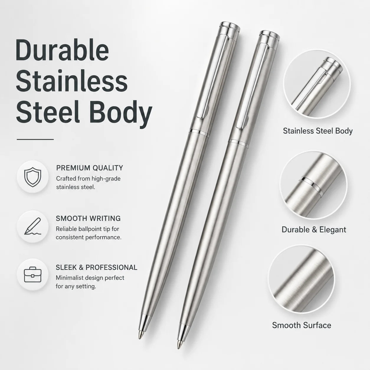 5/10/20Pcs Stainless Steel Ballpoint Pens, Silver Metal Medium Nib Smooth Twist Writing Pens for Office School Beauty World Shop