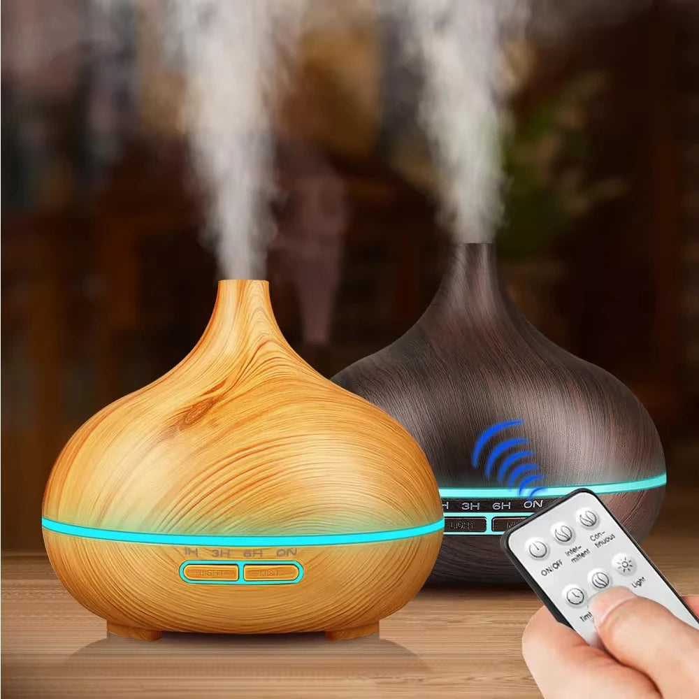 Air Humidifier Aromatherapy Essential Oil Diffuser Wood Grain 500ml Ultrasonic Remote Control 7 Color Lights For Home Bedroom ﻿ Beauty World Shop