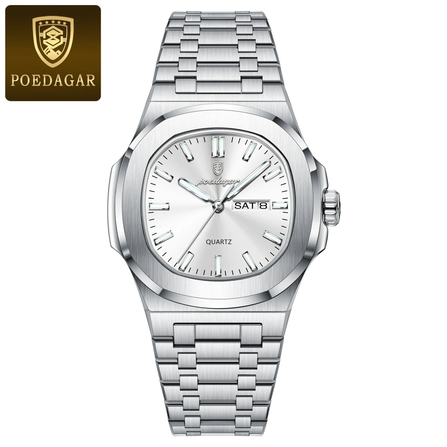 POEDAGAR Square Luxury Men's Wristwatch Luminous Waterproof Stainless Steel Male Clock Week Date Original Quartz Watches For Men Beauty World Shop