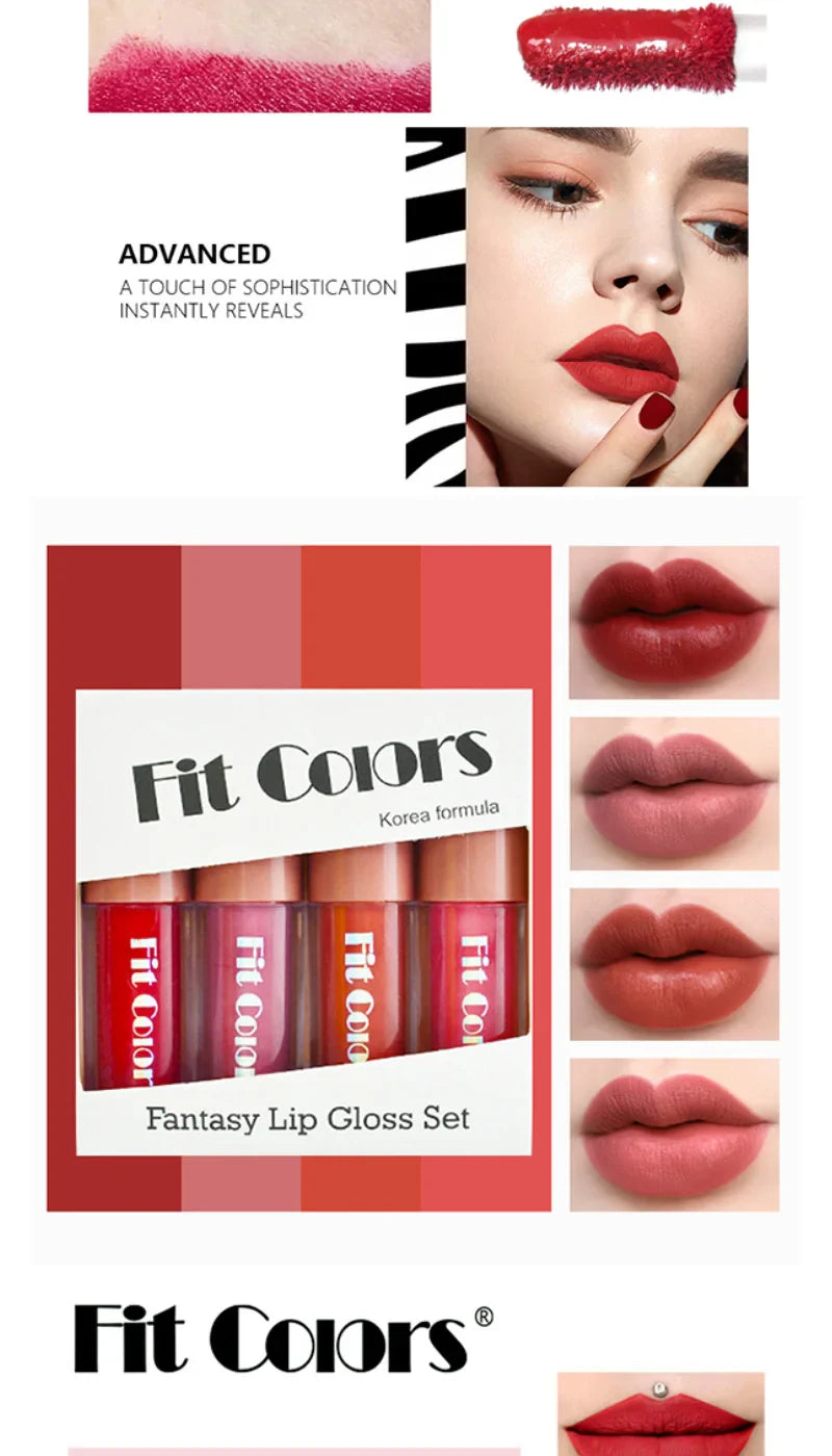 Fit Colors Velvet Lip Gloss Set — 4-Piece Non-Transfer, Diamond Finish, Long-Lasting Lip Gloss Collection Beauty Trend Shop
