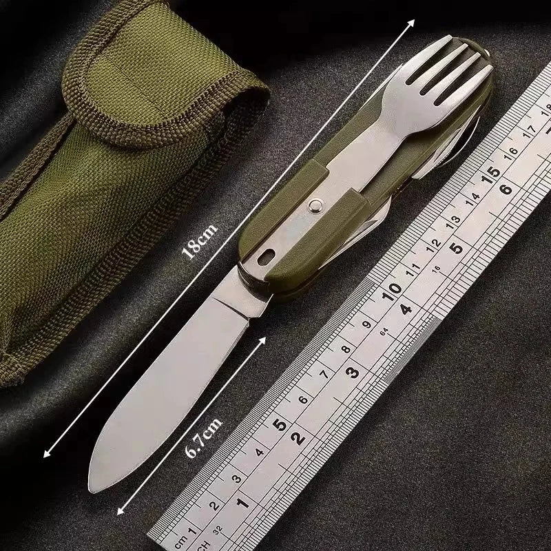 7 in 1 Camping Gear Portable Stainless Steel Spoon Fork Knife and Bottle Opener Combination Set Travel, Backpack Style Tableware Beauty World Shop