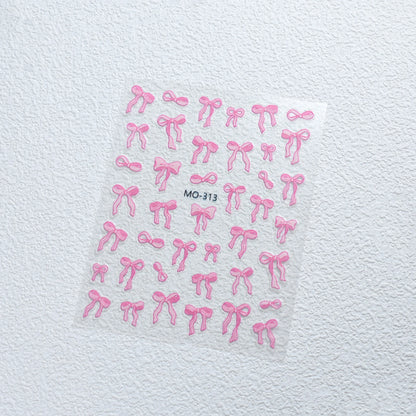 Bowknot Nail Stickers 3D Relief White Ribbon Cute Sweet Pink Self-Adhesive Nail Art Decoration Decals For Nail Tips Manicures Beauty World Shop