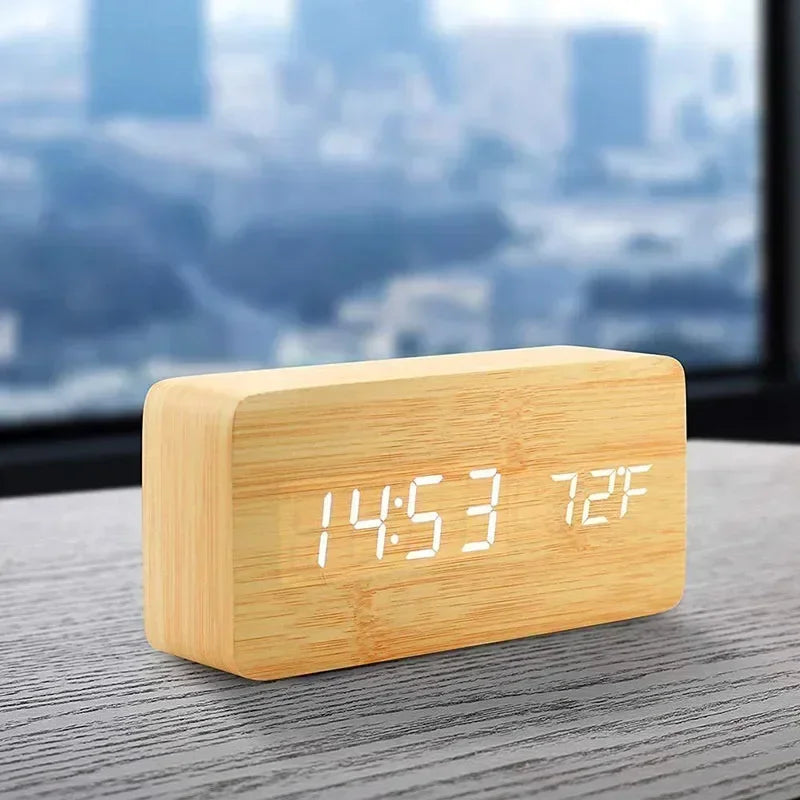 Digital Alarm Clock Wooden LED Table Clock with Temperature for Bedroom Office Travel Desk Decorations Beauty World Shop