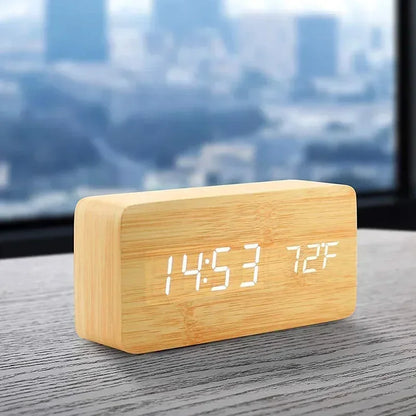 Digital Alarm Clock Wooden LED Table Clock with Temperature for Bedroom Office Travel Desk Decorations Beauty World Shop