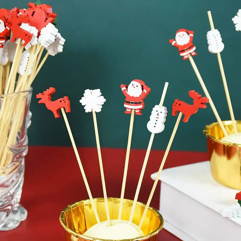 100Pcs Christmas Bamboo Skewer Cocktail Picks Cupcake Topper Disposable Food Dessert Toothpicks Fruit Sticks Party Supplies Beauty Trend Shop