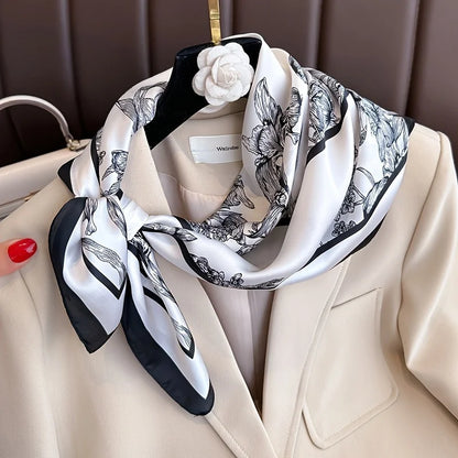 70cm Black White Floral Pattern Scarf Literary Floral Temperament Kerchief Clothes Accessory Scarves Shawl Sun Protection Scarf Beauty World Shop