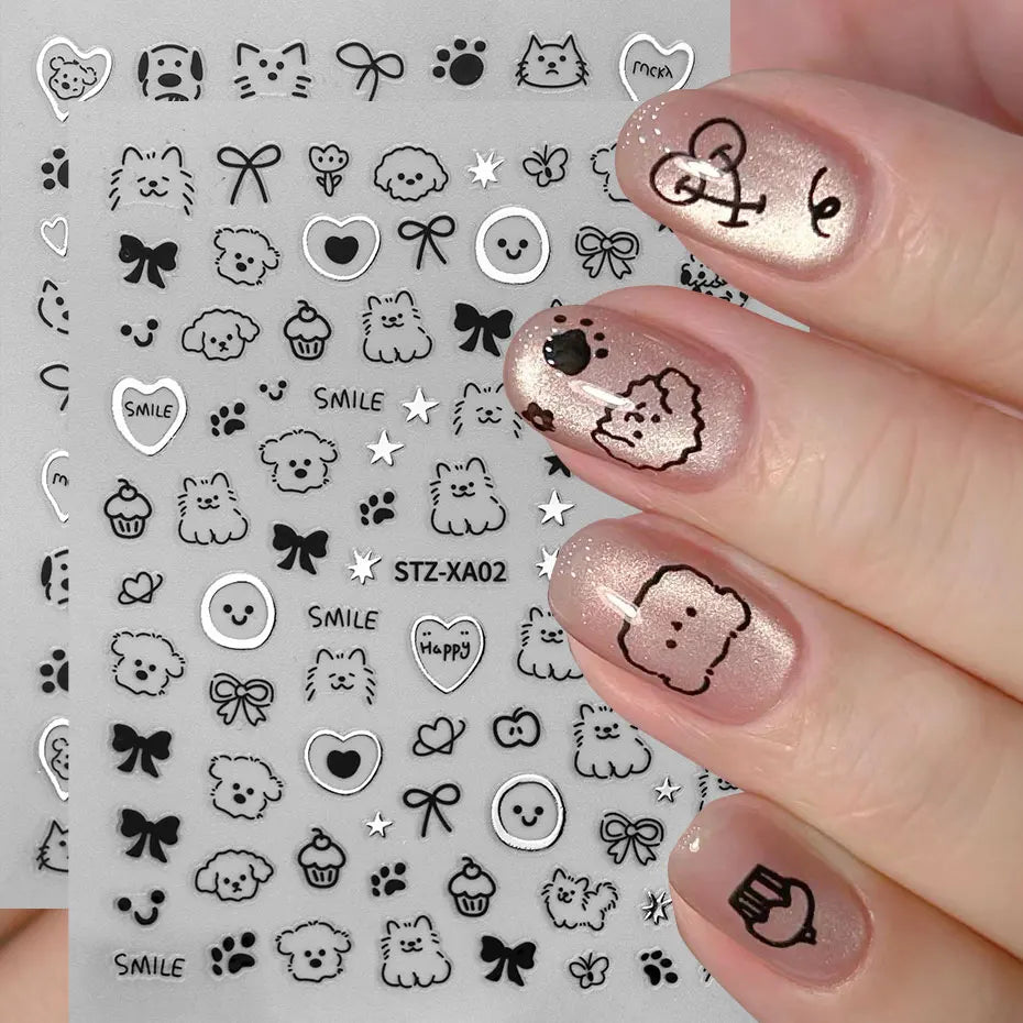 2pcs 3D Cute Silver Smile Dog Decals Y2K Cartoon Cat Footprint Nail Stickers Graffiti Star Heart Bowknot Manicure Slider Decor Beauty World Shop