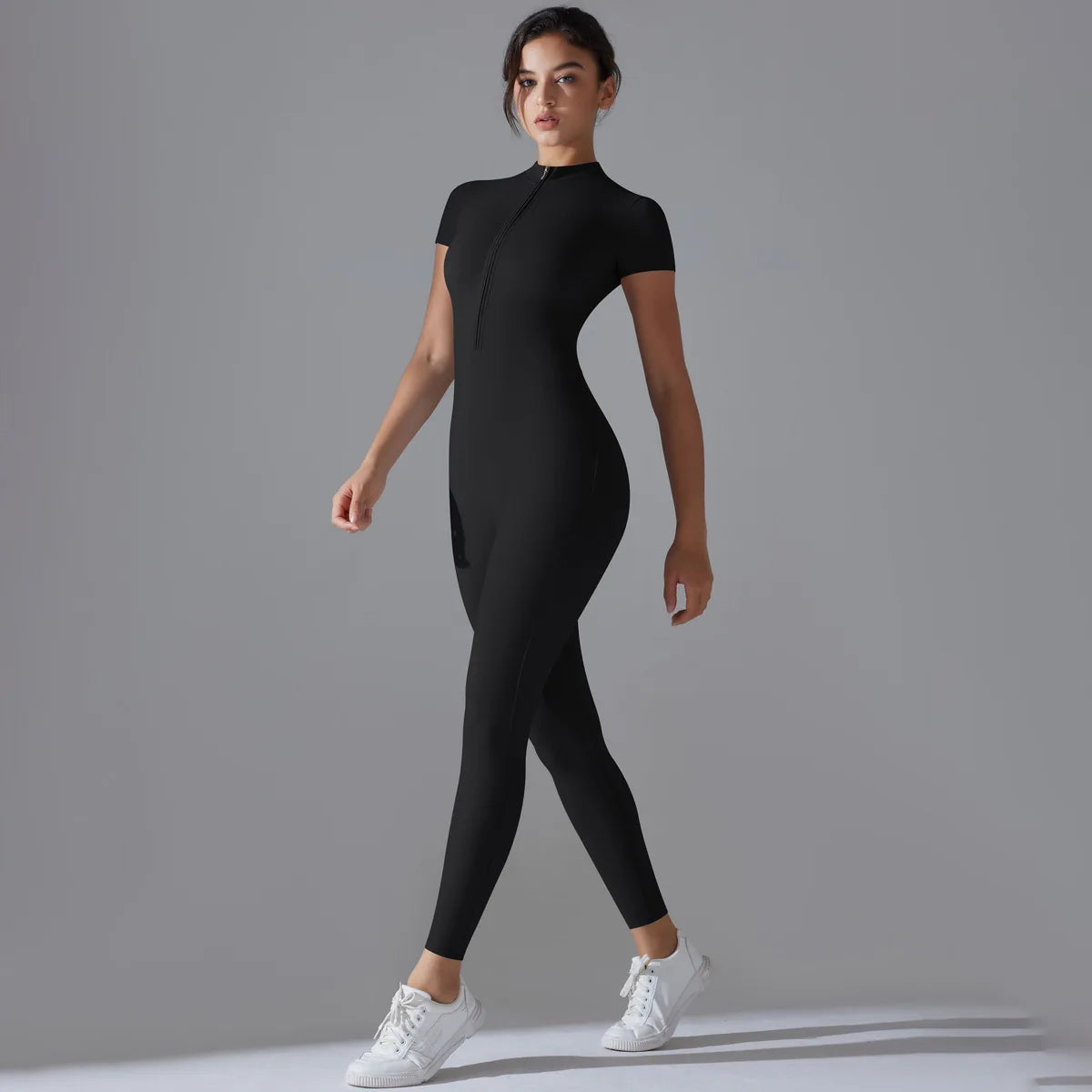 Naked zipper short sleeved yoga suit jumpsuit, quick drying breathable outdoor sports tight fitting jumpsuit, fitness suit Beauty World Shop