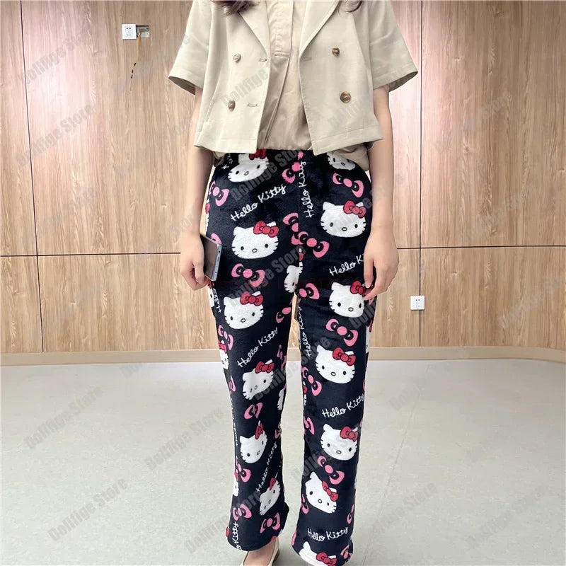 2024 Sanrio Hello Kitty Pajamas Halloween Flannel Fashion Trouserswomen Kawaii Woolen Anime Cartoon Casual Home Pants Autumn Beauty Fashion