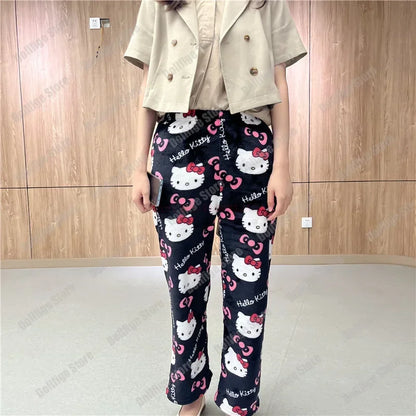2024 Sanrio Hello Kitty Pajamas Halloween Flannel Fashion Trouserswomen Kawaii Woolen Anime Cartoon Casual Home Pants Autumn Beauty Fashion