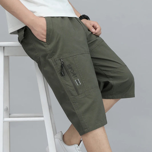 Mens Cargo Shorts Knee Pants Zipper Pocket Summer Cotton Shorts Climbing Jogger Elastic Waist Sports Wear Beauty World Shop