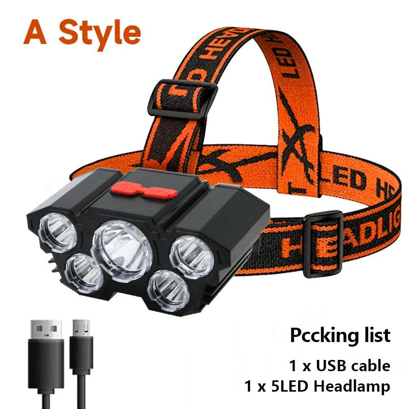 5 LED Headlamp Rechargeable with Built in Battery Strong Light Headlight Camping Adventure Fishing Head Light Flashlight Beauty Fashion